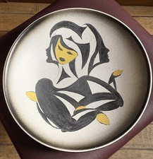 Grand plat céramique 1950' Vallauris Martigues abstrait visages signé Le Brescon