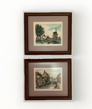 2  Roger Hebbelinck “ BRUGES BRIDGE” Hand Colored Old Watercolor Etching Framed