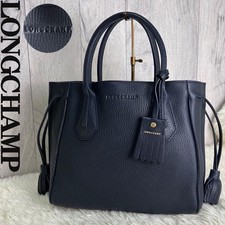 Longchamp Penelope Tote Bag Navy Grained Leather Women Authentic