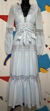 Vintage 70s Gunne Sax Dress 7 Blue Corset Bodice Lace Floral Puff Angel Prairie