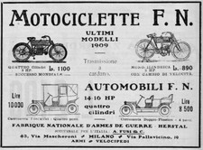 1909 ADVERTISING MOTORCYCLE CAR FN DE HERSTAL GIMBAL MOTORCYCLE A.FUSI MILANO