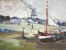 Gouache HONFLEUR Claude Fauchère (1936-2019) Marine Port maritime Grues Docks