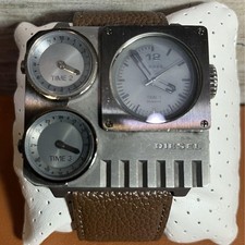 Diesel DZ7249 Multi Time Zone Watch Black Dial Leather Band Rare Box Manual