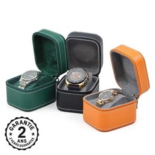 Boîte à Montres Etui Coffret Cuir Fermeture Eclair Cousu Fil Blanc + Coussin