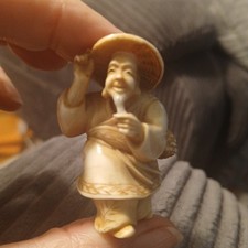 Rare VTG Japanese Miniature Shaman Netsuke Fisherman Hand Carved Figure 1.75"