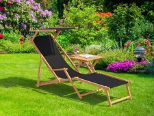Chaise longue de jardin noire, chilienne, bain de soleil pliant, en bois naturel