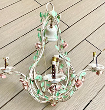Vintage Hand Painted Wrought Iron Chandelier 4 Lights Pink Flowers