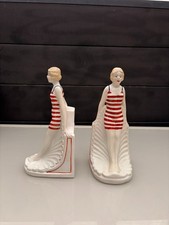 Paire Serre Livre Porcelaine Baigneuse Poupée Art Déco Blanc Rouge