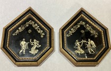 Pair of Vintage Neoclassical style Wall hangings plaques wood brass cameo style