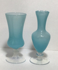 2 Vtg Miniature Blue Opaline? Glass Vases 4 1/2"