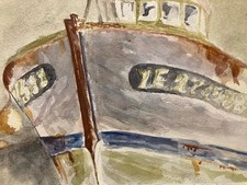 Beautiful drawing 1960 painting paper watercolor boat fishing to identify marine art