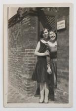Two Women Dress Pose Entrance Street Door 1930 - Old Photo Snapshot