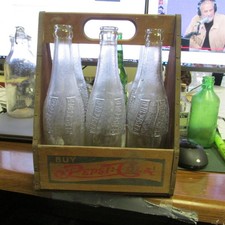 Pepsi Cola Wooden Carrier (double dot) and six 12 Oz. Pepsi Soda Pop bottles 