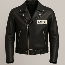 AMIRI Black Leather Biker Jacket with Logo Patch – Men’s Luxury Streetwear Style