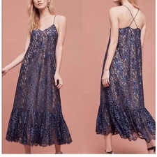 Moulinette Soeurs Anthropologie Navy Lace Celestial Midi Dress 