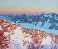 Montagnes. Neige sur les sommets des Alpes. Peinture à huile sur toile 25/30