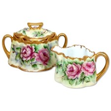Zeh Scherzer Z S & Co Bavaria Sugar Bowl Creamer Set Roses Gilt Trim 1890's