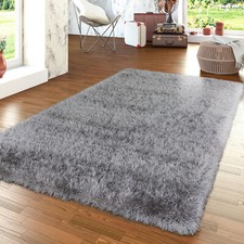 Tapis Moderne Salon Poils Longs Shaggy Uni Avec Fil Brillant Gris