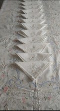 Hand Embroidered Linen & Organza Tablecloth of 12 + Napkins, NEW NEVER USED 