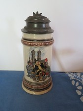 old ceramic beer mug pewter cap monk catch