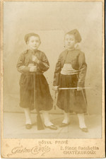 Gaston photo card, boys in oriental costumes, ca.1885, vintage albumen print