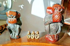 Ensemble ancien de sculptures singes de la sagesse en bronze/bois parfait etat