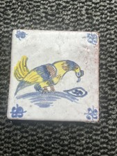 Ancien Carreau Carrelage Faience Décor Oiseau  10,5cm 17  18 Eme Siècle