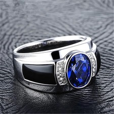 Bleu Tanzanite, Diamant & Onyx Noir 14K or Blanc Over Homme Chevalière 8-17