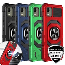 For Nokia C110 Phone Case Armor Ring Magnetic Support Stand Cover+Tempered Glass