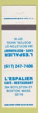 Matchbook Cover - L' Espalier Cafe Restaurant Boston MA