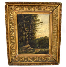OLD PAINTING OIL ON CANVAS FOREST LANDSCAPE ANIME FRAME WOOD GOLD 19th century