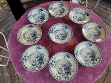 9 Assiettes Creuses Terre de Fer Porcelaine Opaque Gien Rose de Noël Bleu 22,5cm