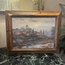 Huile Sur Panneau Ancienne,représentant Un Village, XX Ème s