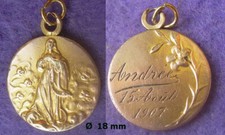 BAPTISM MEDAL gold plated THE VIRGIN WITH ANGELS marked on reverse 15 August 1907