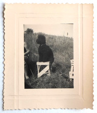 Black Dog Poodle Sitting Small Cute Nature Stool - Vintage Photo Snapshot