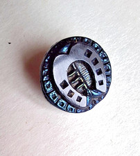 ANTIQUE BUTTON, circa 1930, 10 mm, blue tinted pressed glass - horseshoe