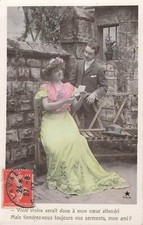 CP WOMEN'S ELEGANT ENAMELOGRAPHY ON BENCH WOOD READING LETTER MUSTACHU ELEGANT