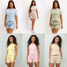 Femmes Côtelé Boutonné Haut Et Short Ensemble Salon Molly Mae Été 2-Piece