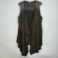 Bo Bel Womens Large Open Front Vest Olive Green Faux Suede Fair Isle Knit