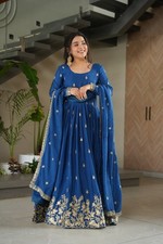 Stylish Look Chinon Silk Blue Gown With Beautiful Dupatta For Women & Girls