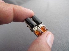 VINTAGE BOMA STERLING ONYX BALTIC HONEY AMBER BAR CLIPBACK EARRINGS