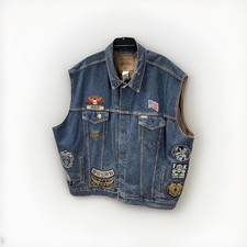 Levi Strauss Vtg Men Blue Denim Vest w Multi Themed Patchwork Sz 4XL Biker