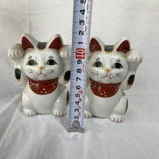 Maneki neko Lucky cat charm rare vintage 2 set Japanese traditional doll VTG mz