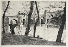 Corot / Henri Guerard Gravure Eau Forte Etching Paysage Le Pont De Mantes Paris