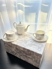 Christian Dior Grey “Toile de Jouy” Ceramic Tea Set – Teapot, 2 Cups & 2 Saucers