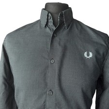 FRED PERRY Shirt Mens MEDIUM (38") Long Sleeve Black with Small Squares