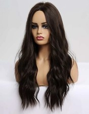 Perruque Synthétique Brun Foncé Cheveux Long Bouclé Ondulé Neuf +4 Bonnet OFFERT