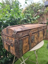 Antique chest, 19th century wooden, brass and boar leather trunk. ...