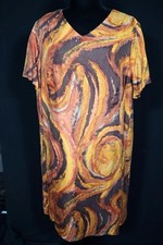 Grande Taille Vintage 1970's Français Vif Or & Marron Imprimé Soie Robe 18-20