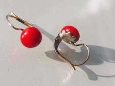 BELLES BOUCLES D'OREILLES ANCIENNES 1920 en OR ROSE 18K 750 avec CORAIL 6,5mm